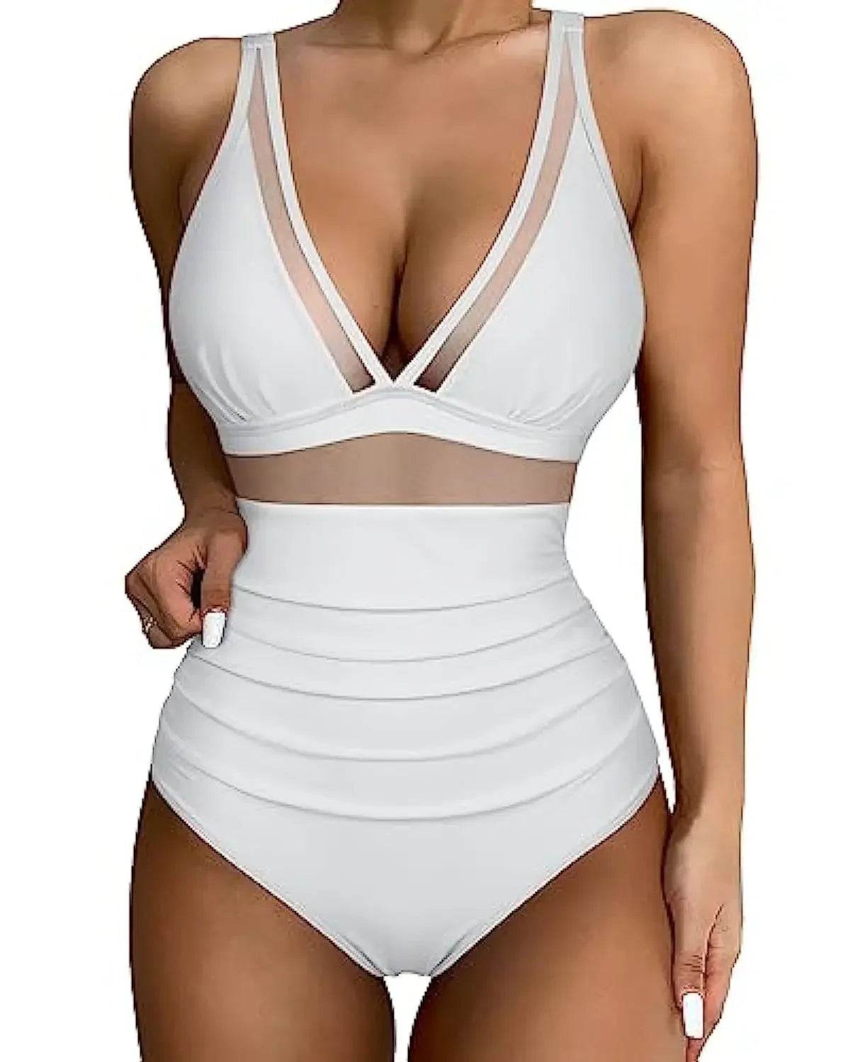 Buy Center Solid One-Piece Swimsuit - Deep V-Neck, Removable Bra - Buy Center UK