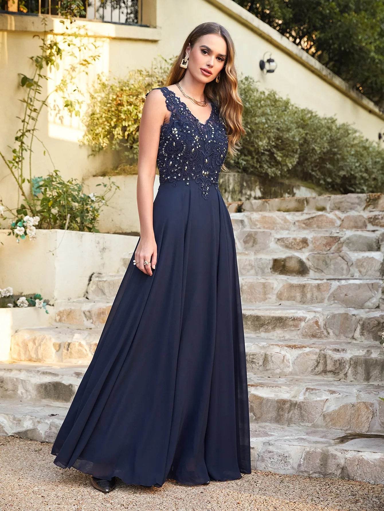 Elegant Navy Blue Chiffon Beaded Evening Dress - V-Neck Sleeveless Gown - Buy Center UK