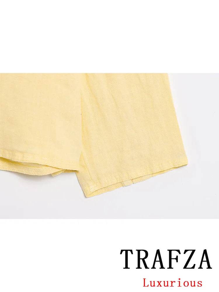 TRAFZA Casual Chic Women Yellow Suit - V-Neck Blouse & Shorts - Buy Center UK