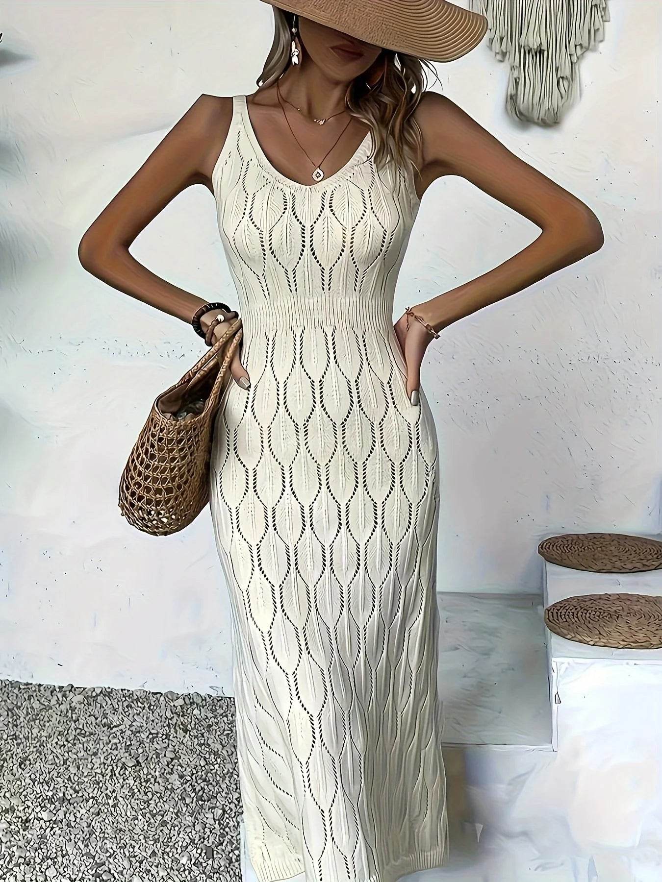 Buy Center Knitted Sleeveless Coat-Style Dress - Elegant V-Neck Design - Buy Center UK