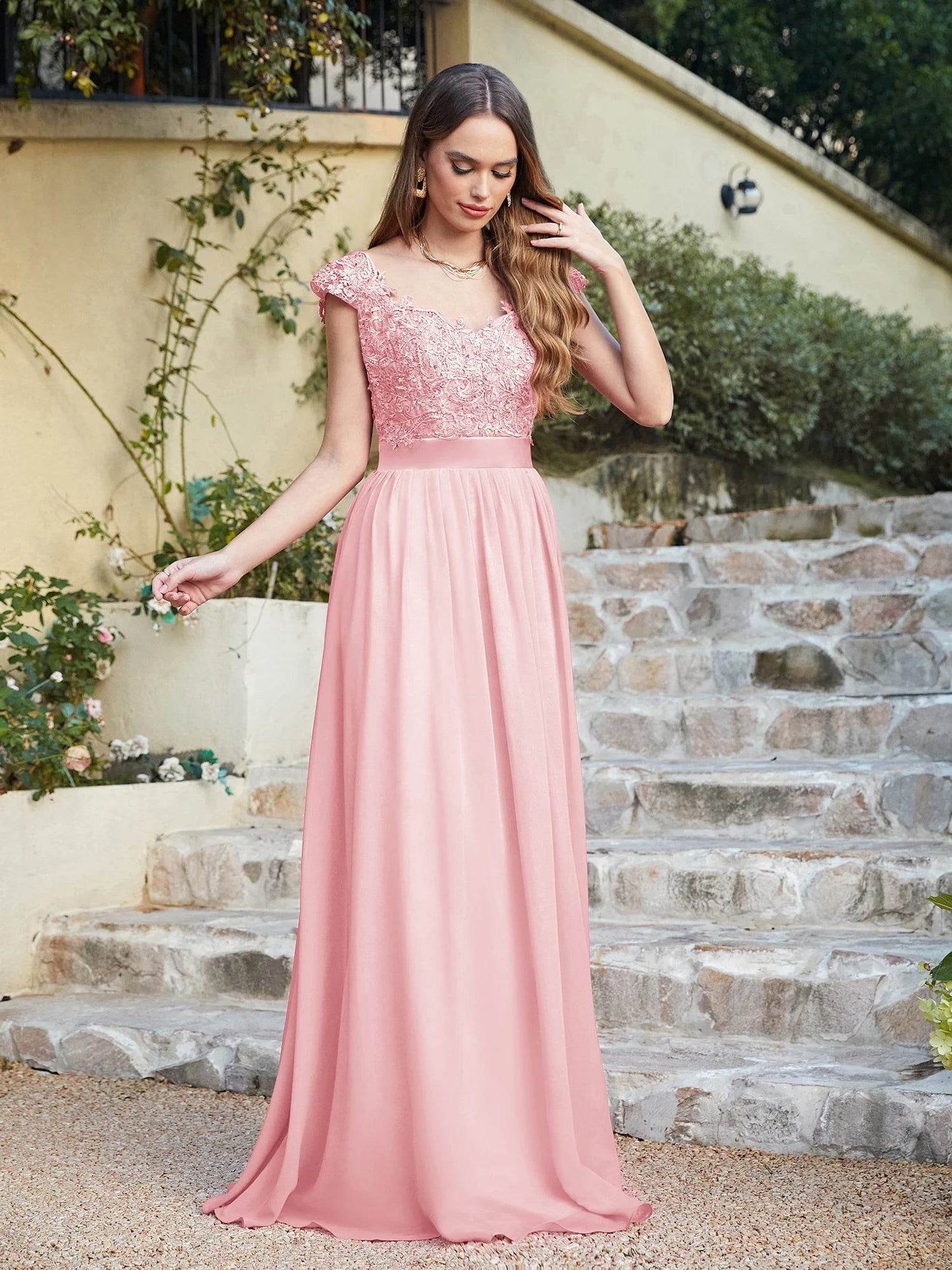 Buy Center Long Chiffon A-Line Bridesmaid Dress - Sleeveless & Floral Lace - Buy Center UK
