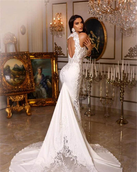 Elegant Halter Neck Mermaid Wedding Dress - Lace Appliques & Backless - Buy Center UK