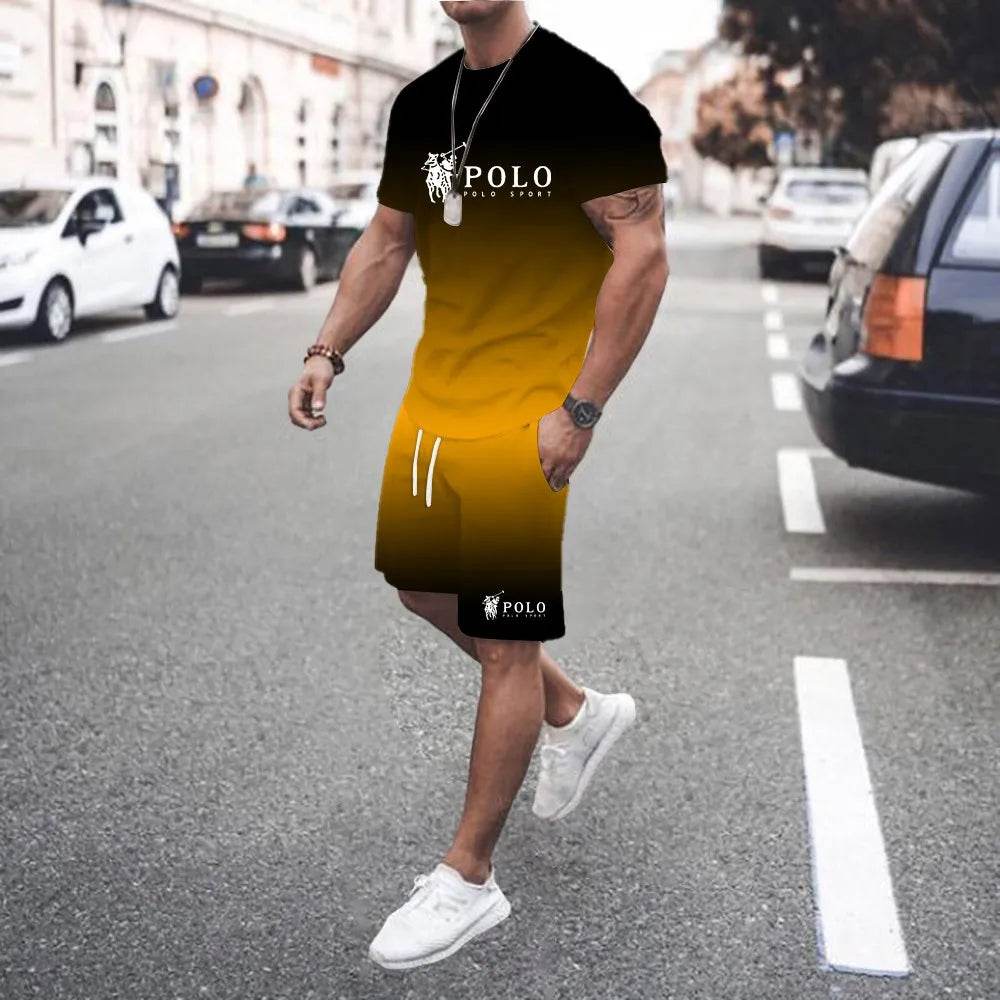 Trendy 3D Gradient Letter Print T-Shirt and Shorts Set for Men - Buy Center UK