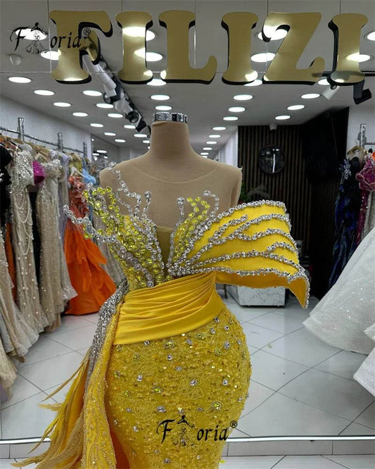 Buy Center Yellow Beaded Mermaid Evening Dress - Crystal Appliques - Buy Center UK