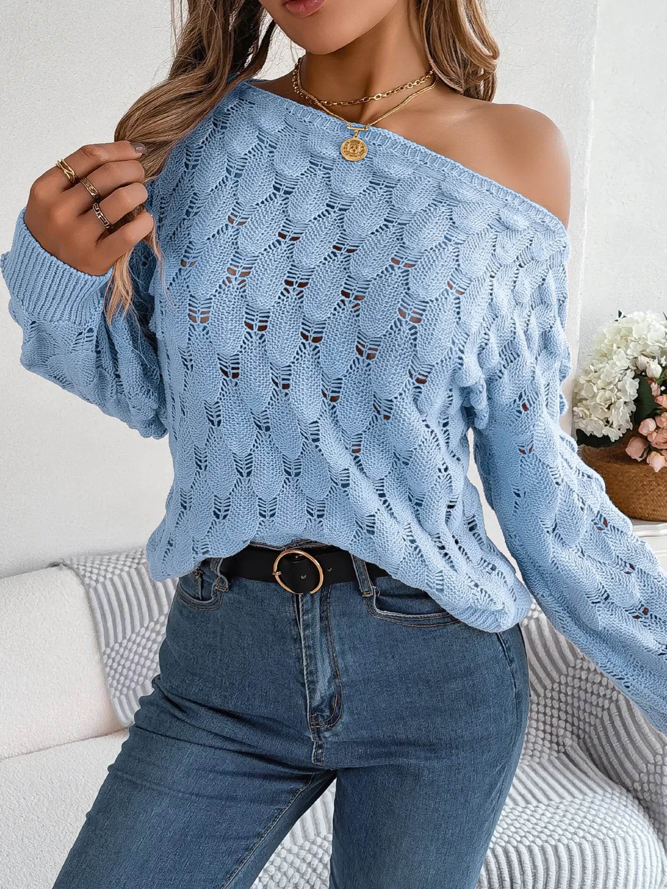 Buy Center Off Shoulder Hollow Out Sweater - Trendy Autumn Pink Top - Buy Center UK