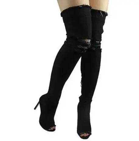 Buy Center Thigh High Peep Toe Boots - Stylish Blue Denim Design - Buy Center UK