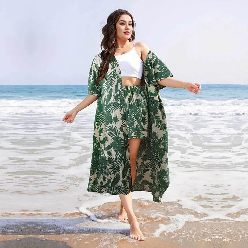 Plus Size Women's Bohemian Printed Two-piece Set - Kimono & Shorts - Buy Center UK