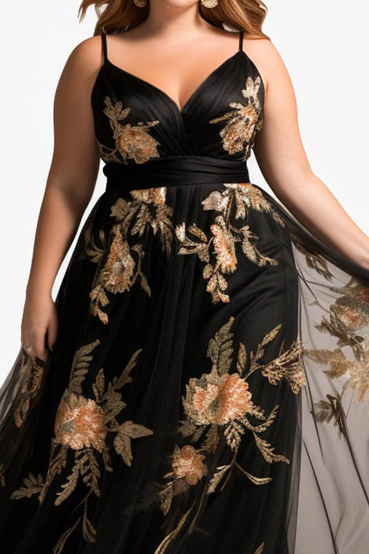 Flycurvy Plus Size Maxi Dress - Black Floral Embroidery Elegance - Buy Center UK