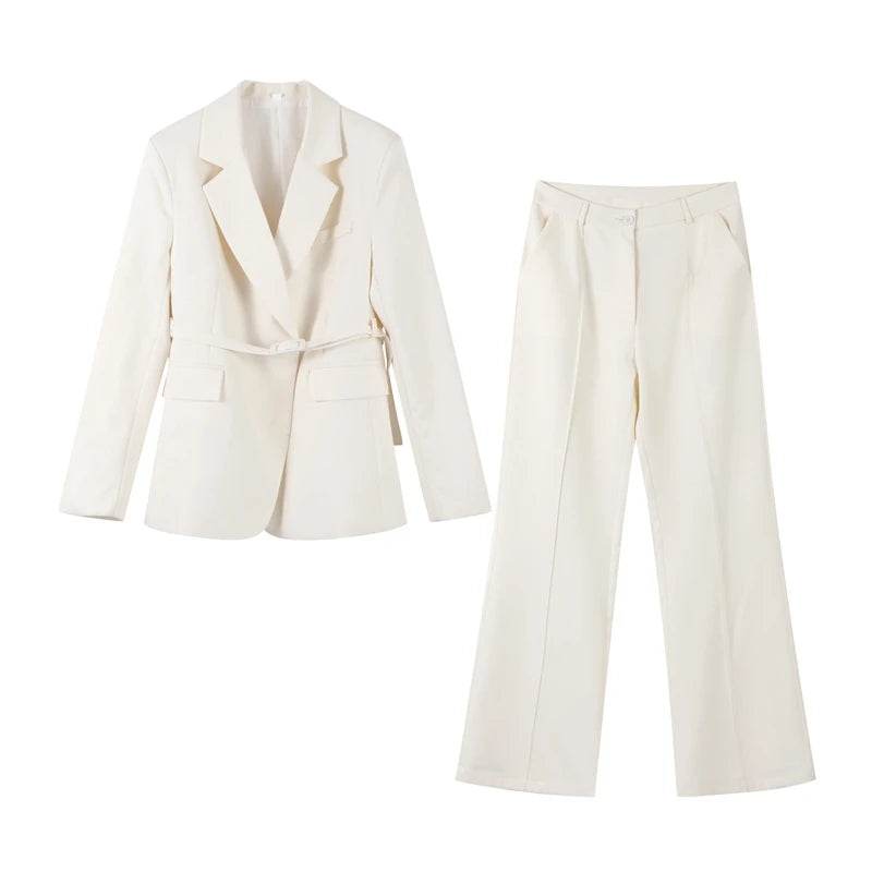 Women's Blazer Suit Trouser Set - High Waist Pants & Lace-Up Coat - Buy Center UK