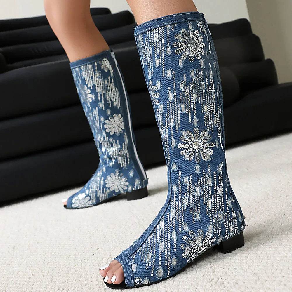 Women's Peep Toe Knee High Boots - Plus Size 45, Chunky Heels - Buy Center UK