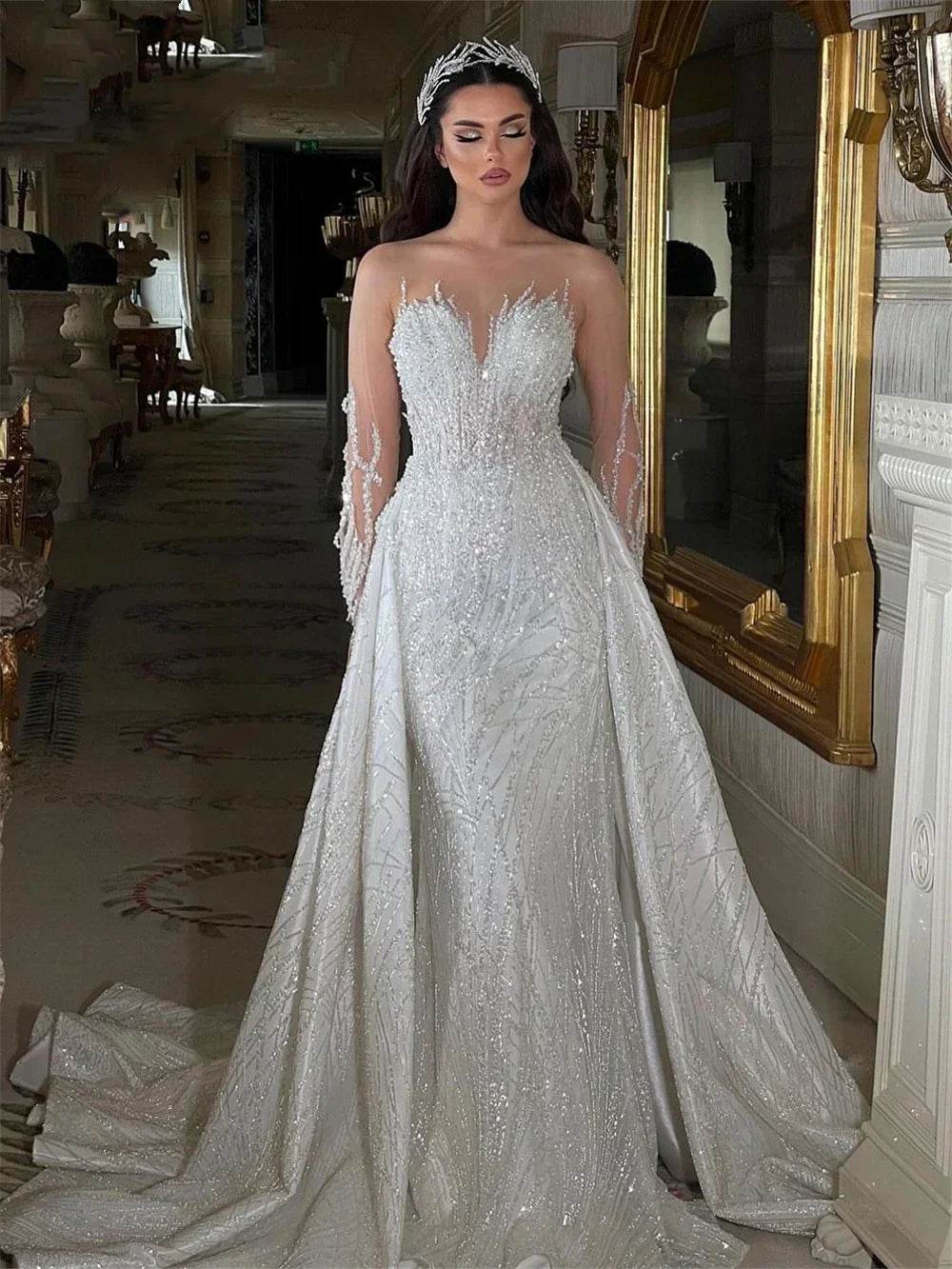 Beading Bride Dresses 2 in 1 - Customizable Wedding Gown with Detachable Train - Buy Center UK