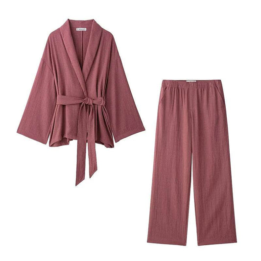 RAFZNB Women's Mid Waist Pants Set - Kimono Coat & Flare Trousers - Buy Center UK