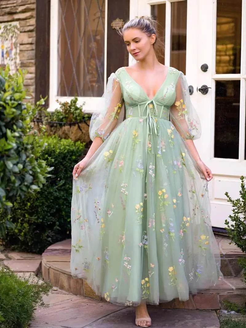 BABYONLINE Romantic Embroidered Bridesmaid Dress - Elegant Tea-Length Tulle Gown - Buy Center UK