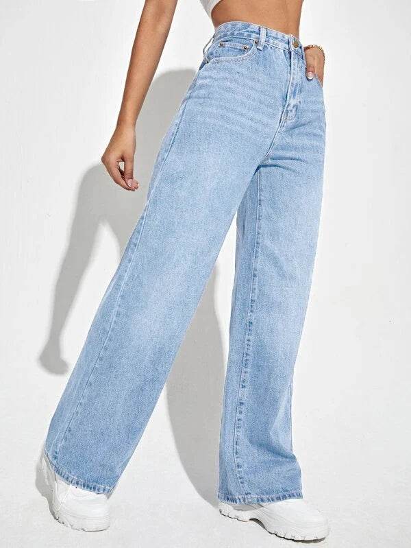 Buy Center Women's High Waist Denim Wide Leg Pants - Chic & Comfortable - Buy Center UK