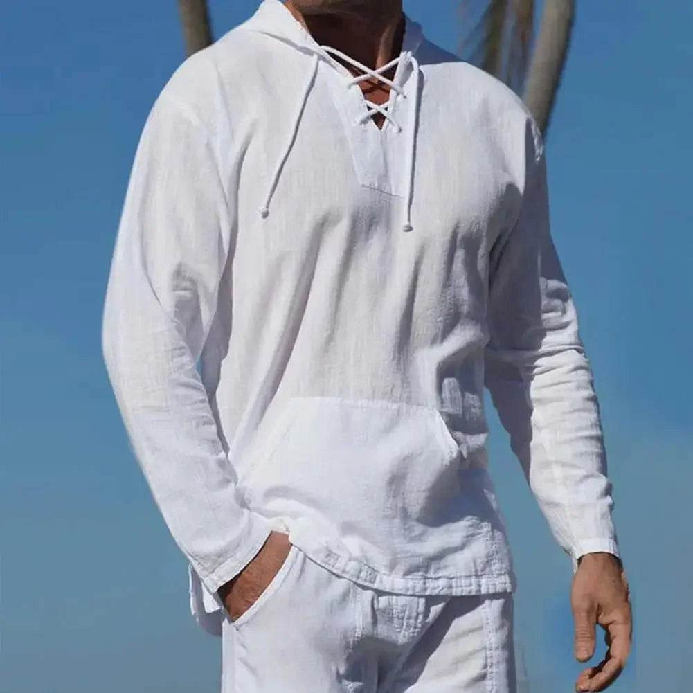 Buy Center Men's Hooded Pullover - Lightweight Cotton Linen Shirt - Buy Center UK