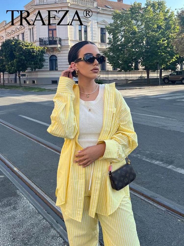 TRAFZA 2024 Women’s Yellow Striped Pants Set - High Waist Style - Buy Center UK