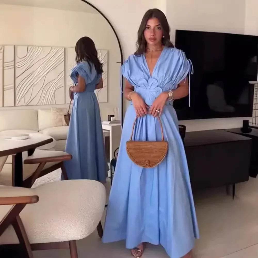 Buy Center Blue V-Neck Waist-Fitted Long Dress - Elegant & Stylish - Buy Center UK