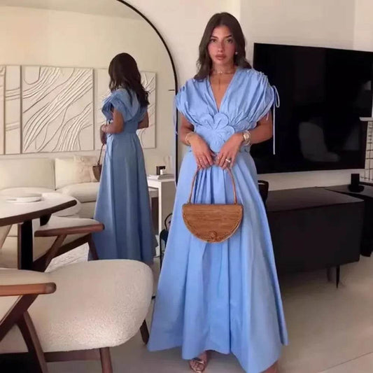 Buy Center Blue V-Neck Waist-Fitted Long Dress - Elegant & Stylish - Buy Center UK