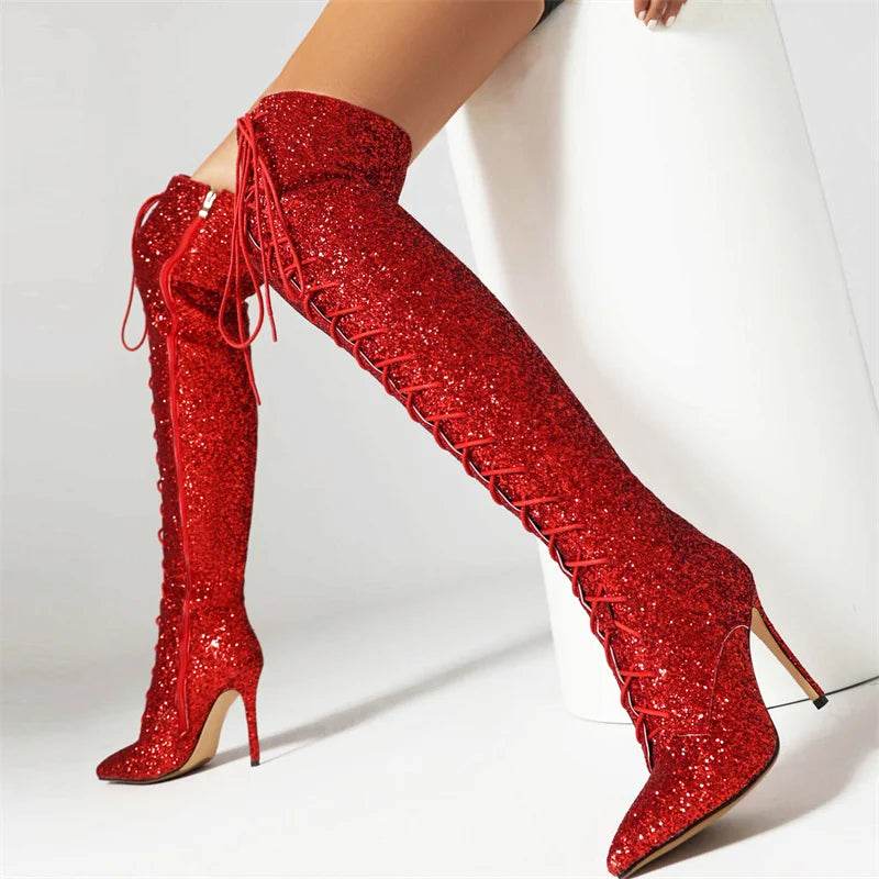 Buy Center Luxury Over the Knee High Boots - Sequined Lace-Up Size 48 - Buy Center UK