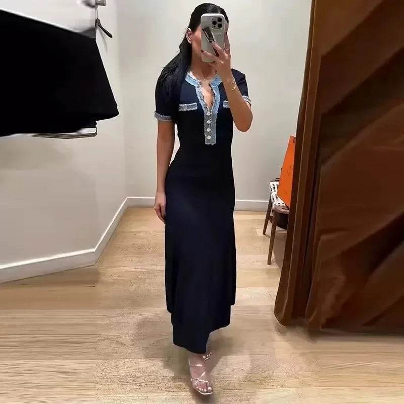 Buy Center Cotton Knitted Dress - Fringe Splicing, Knee-Length Style - Buy Center UK