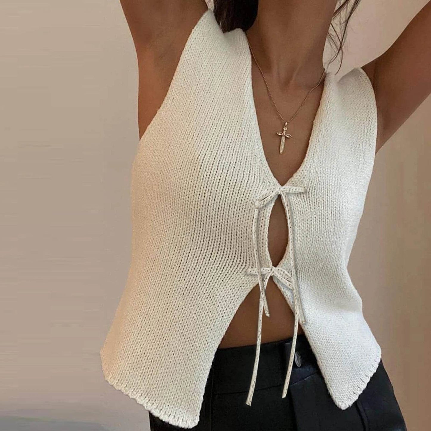 Women's Vintage Y2K Sweater Vest - Fitted Bow Knot Summer Top - Buy Center UK