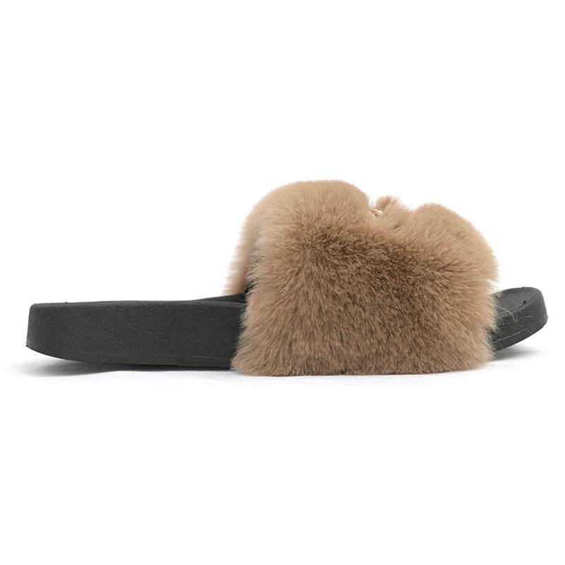 Buy Center Women's Furry Slippers - Plush Faux Rabbit Fur Slides - Buy Center UK