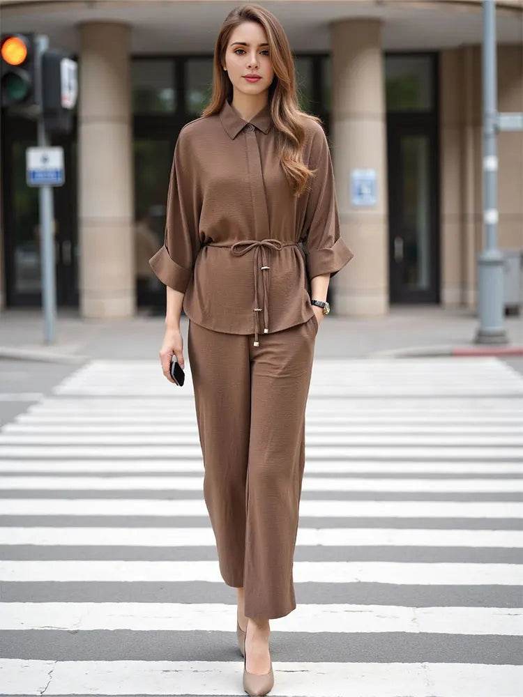 TRAFZA Women Kimono Blouse Pant Set - Lace-Up, Loose Fit Design - Buy Center UK