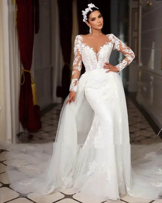 Romantic Long Sleeve Mermaid Wedding Dress - Appliques & Train - Buy Center UK