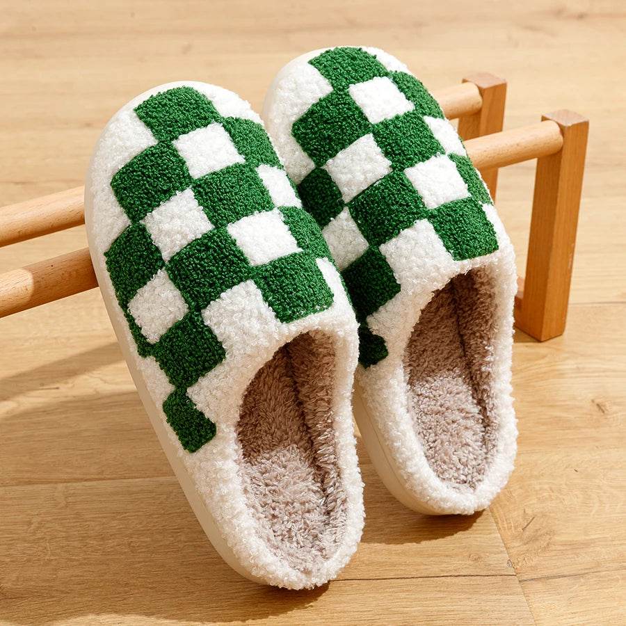 Buy Center Women's Fluffy Checker Slippers - Cozy Indoor House Shoes - Buy Center UK