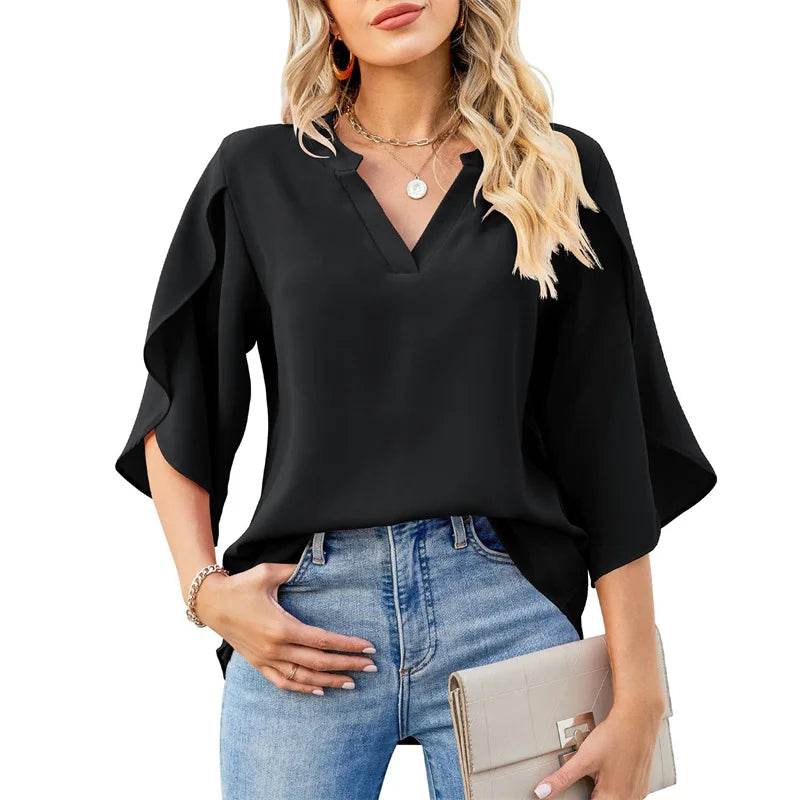 Buy Center Women Chiffon Blouse - V-Neck, Flare Sleeves for Summer - Buy Center UK