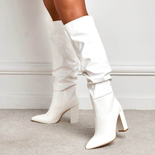 Buy Center Women's White Pleated Leather Knee High Boots - Chunky Heels - Buy Center UK