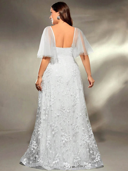 Mgiacy Plus Size V-Neck Wedding Gown - Embroidered Lace Detail - Buy Center UK