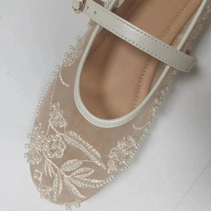 Stylish Mesh Embroidery Mary Jane Ballet Flats - Low Heel Comfort - Buy Center UK