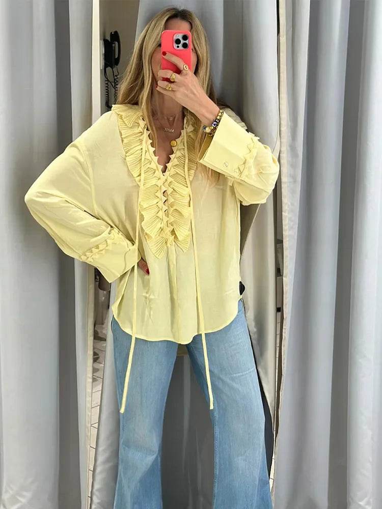 Buy Center Yellow Ruffled Lace-Up Shirt - Lightweight V Neck Blouse - Buy Center UK