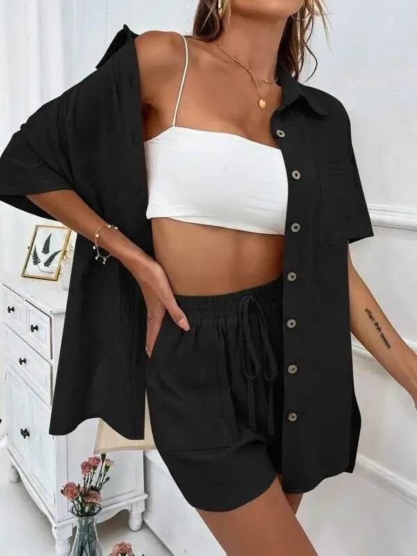 Summer Fashion Shorts Two-Piece Set - Casual Tied Shirt & Loose Fit - Buy Center UK