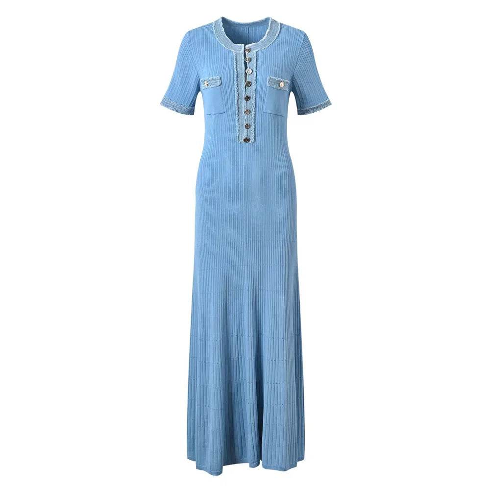 Buy Center Elegant Knit Maxi Dress - Chic O-neck with Metal Buttons - Buy Center UK