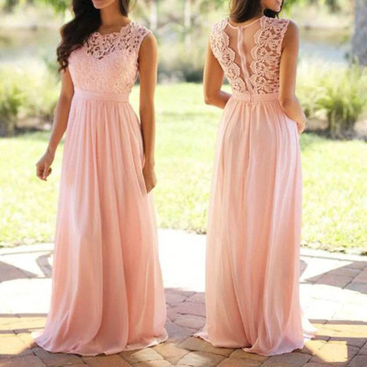 Elegant Pink Bridesmaid Dress - A-Line Lace Maxi Gown - Buy Center UK