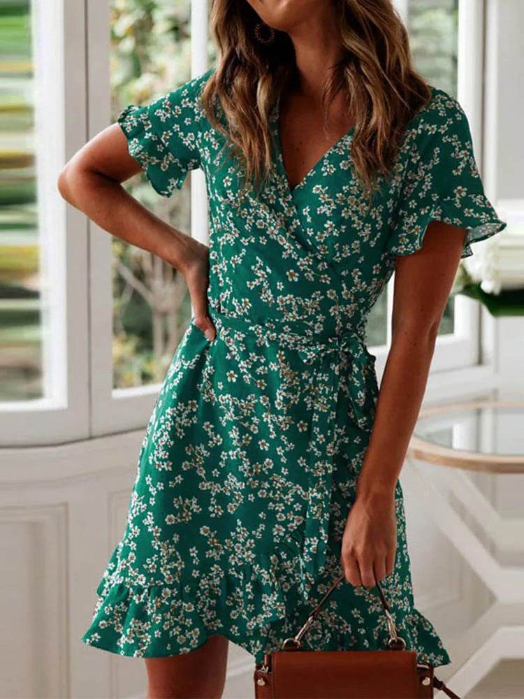 Boho Floral Ruffle Mini Dress - Sexy V Neck, Short Sleeves - Buy Center UK