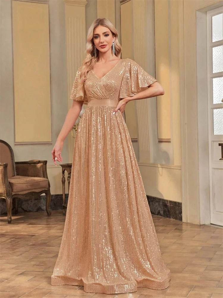 Luxury V Neck Evening Dress 2024 - Sequin A-Line Gown for Women - Buy Center UK