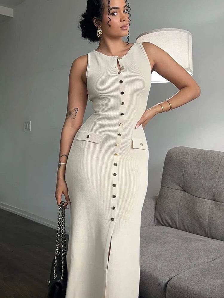 Buy Center Elegant Knitted Long Dress - Sleeveless Bodycon Style - Buy Center UK