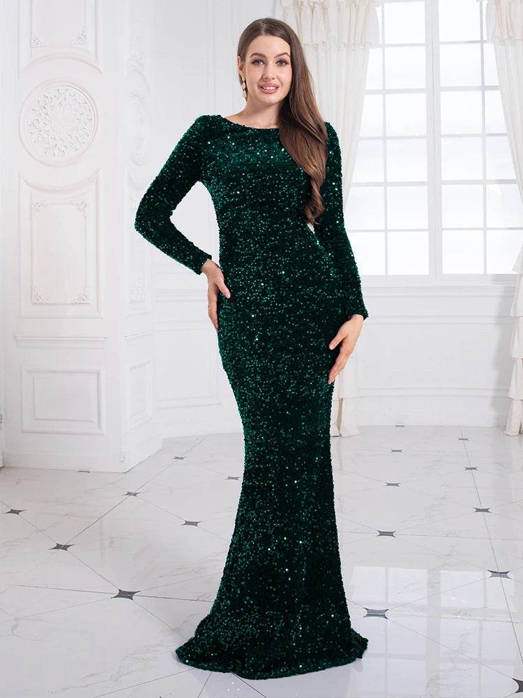 Romagic Royal Blue Sequin Mermaid Gown - Elegant Long Sleeve Dress - Buy Center UK