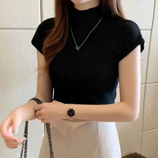 Buy Center Women's Short Sleeve Mock Neck Knit Crop Top - Lightweight & Chic - Buy Center UK