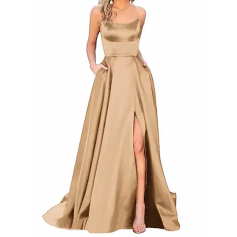 Buy Center Long Backless Satin Dress - Sexy Side Slit Evening Gown - Buy Center UK