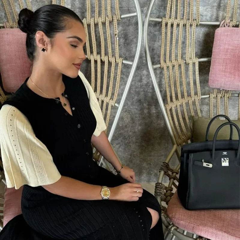 Elegant Knit Solid Women's Dress - High Waist, Short Sleeve O Neck - Buy Center UK