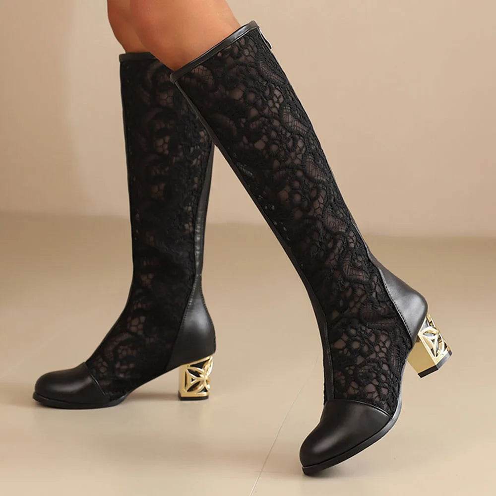 Women's Peep Toe Knee High Boots - Plus Size 45, Chunky Heels - Buy Center UK