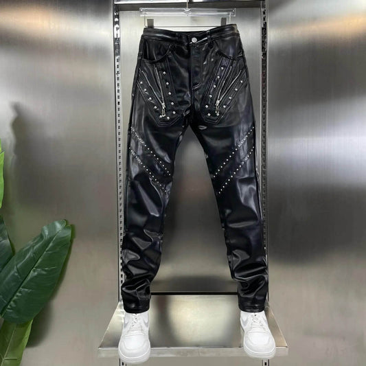 Buy Center Windproof Leather Pants - Slim Fit, Rivet & Zipper Decor - Buy Center UK