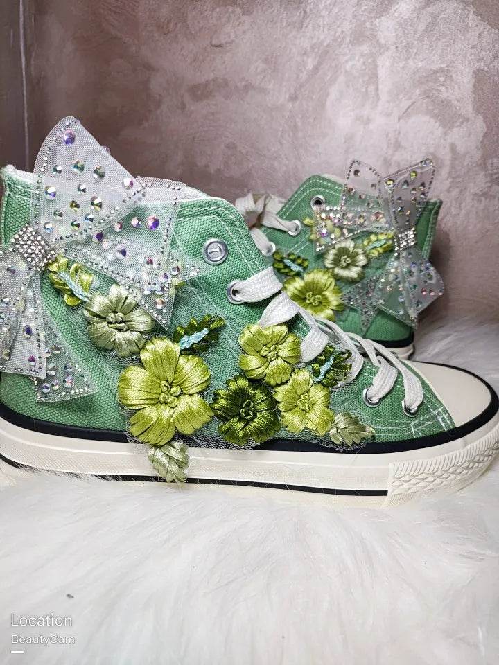 Buy Center Women's High-top Canvas Shoes - Green Bow Embroidery, Big Size - Buy Center UK