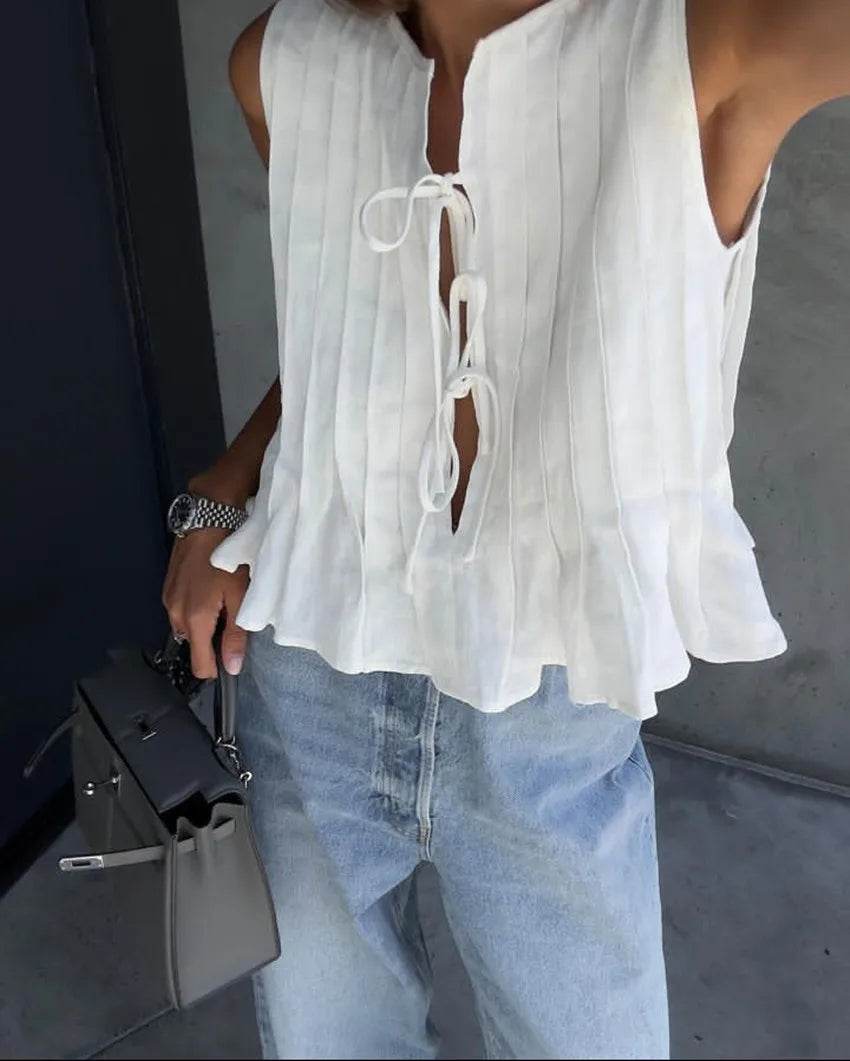 Buy Center Women's Lace Up Shirts - Cotton Linen Bow Blouse - Buy Center UK