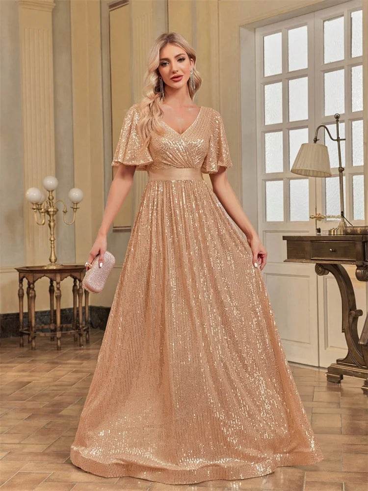 Luxury V Neck Evening Dress 2024 - Sequin A-Line Gown for Women - Buy Center UK