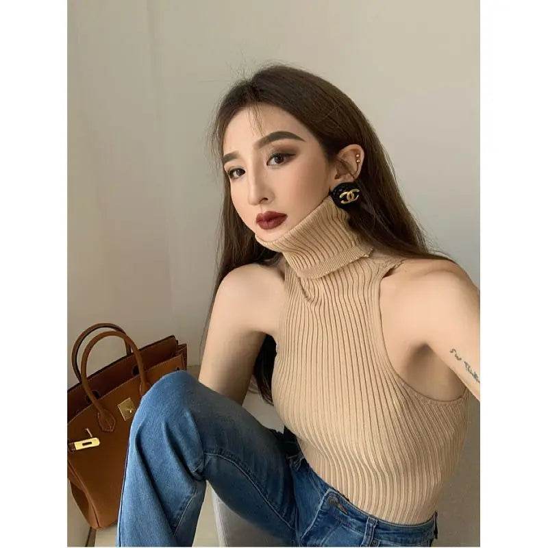 Buy Center Y2K Turtleneck Off-Shoulder Tank Top - Knitted Comfort - Buy Center UK